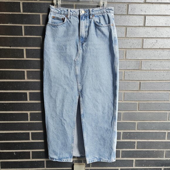 Mango MNG Women's Medium Wash Slit Denim Straight Maxi Skirt Timeless Size S - Picture 15 of 16